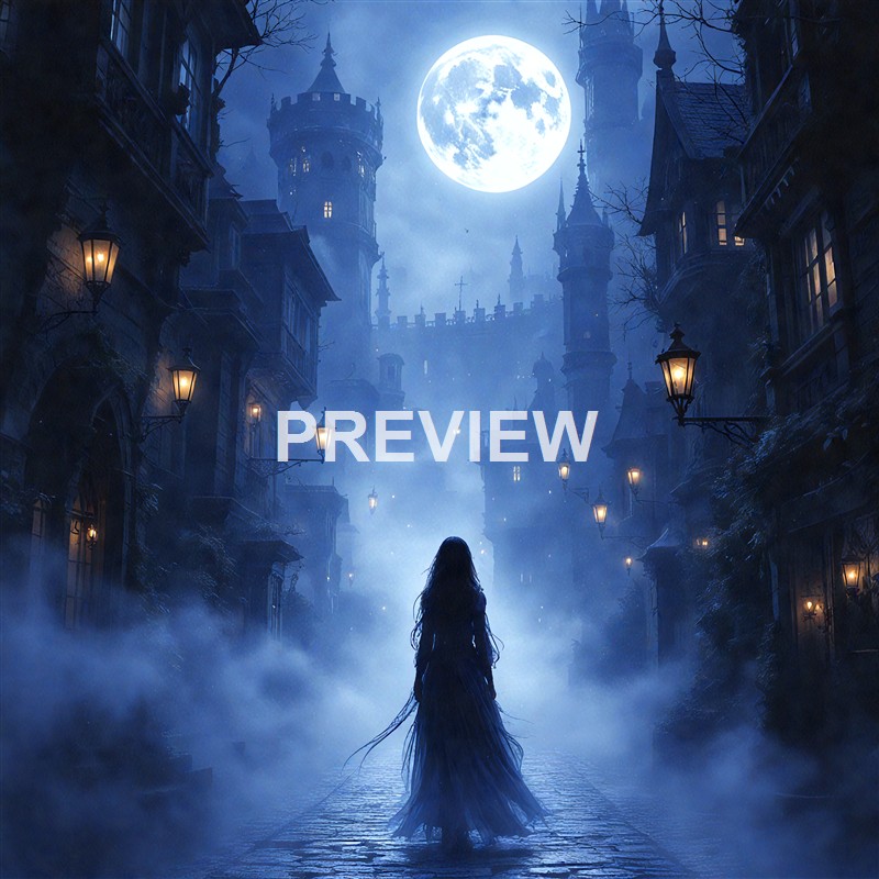 A solitary figure of a woman with long hair in a dark dress stands on a foggy cobblestone street lined with old buildings and lanterns, under a bright full moon illuminating a gothic-style castle in the background.
